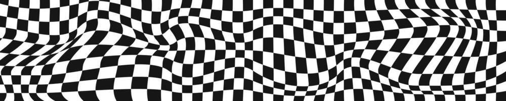 Waved checkered pattern background in y2k style. Warped texture with black and white squares. Undulate chessboard, race flag, textile plaid, tile floor surface. vector