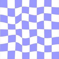 Distorted purple and white chessboard background. Crazy checkerboard texture. Chequered optical illusion. Psychedelic pattern with warped squares. Hypnotizing game. vector