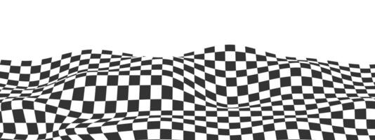 Waved checkered pattern background. Warped texture with black and white squares. Undulate chessboard, race flag, textile plaid, tile floor surface. vector