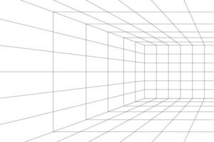 Cube room, hallway, studio or cyberspace portal wireframe in perspective. Box grid structure. Engineering, architecting or technical scheme. Cage perspective frame. vector