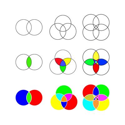 Set of Venn diagrams with overlapped circles isolated on white background. Templates of analytics schema, presentation of logical relationships between items.