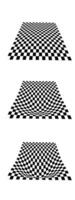 Distortion process of checkered planes in perspective. Warped tile floor. Set of curvatured checkerboard textures. Convex boards with squared pattern. Gravity phenomenon. vector