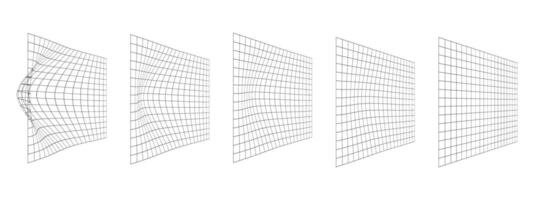 Process of grid distortion. Set of mesh warped textures. Net with convex effect. Geometric deformation. Gravity phenomenon. Bented lattice surface. vector