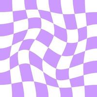 Distorted purple and white chessboard background. Crazy checkerboard texture. Chequered optical illusion. Psychedelic pattern with warped squares. Hypnotizing game. vector