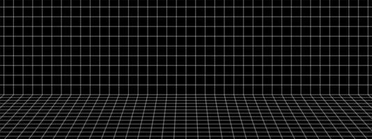 White wall and floor wireframe of room or studio on black background. Grid space structure. Engineering, architecting or technical scheme. vector