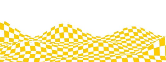 Waved checkered pattern background in y2k style. Warped texture with black and white squares. Undulate chessboard, race flag, textile plaid, tile floor surface. vector
