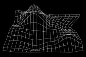 Grid perspective deformation. White terrain wireframe on black background. Relief meshed structure. Distorted lattice surface. vector