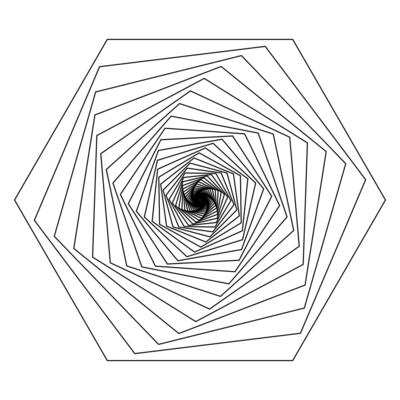Honeycomb or hexagon rotation in spiral twisted shape. Spirograph template. Dynamic optical illusion. Geometric element isolated on white background.