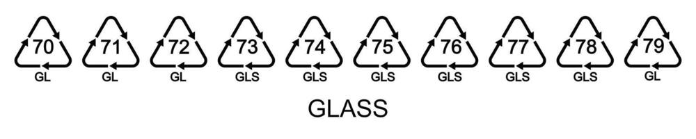 Glass reusable icons pack. Recycling codes in triangular shapes with chasing arrows isolated on white background. Environmental protection concept. vector