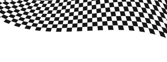Wavy race flag or chessboard texture. Black and white checkered pattern warped in perspective. Motocross, rally, sport car or chess game competition banner layout. vector