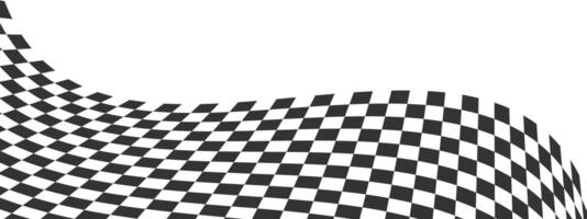Wavy race flag or chessboard texture. Black and white checkered pattern warped in perspective. Motocross, rally, sport car or chess game competition banner layout. vector