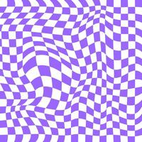 Distorted purple and white chessboard background. Crazy checkerboard texture. Chequered optical illusion. Psychedelic pattern with warped squares. Hypnotizing game. vector