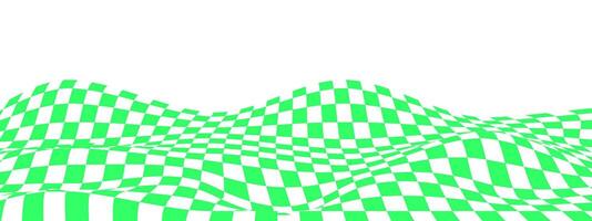 Waved checkered pattern background in y2k style. Warped texture with black and white squares. Undulate chessboard, race flag, textile plaid, tile floor surface. vector