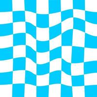 Distorted chess board background. Undulate plaid texture. Checkered visual illusion. Psychedelic pattern with warped blue and white squares. Trippy checkerboard surface. vector