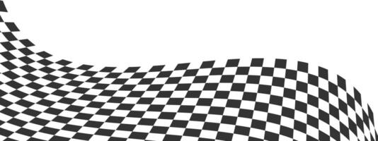 Wavy race flag or chessboard texture. Black and white checkered pattern warped in perspective. Motocross, rally, sport car or chess game competition banner layout. vector