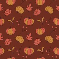 Autumn seamless pattern with colorful pumpkins, forest leaves, red berries, fall harvest. Hand drawn illustration. Repeating autumnal background. Design for Thanksgiving Day, paper, wallpaper vector