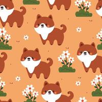 seamless pattern cartoon puppy with plant and flower. cute wallpaper for fabric print, gift wrap paper vector