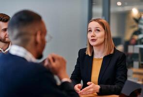 Businesswoman Leading Discussion in Modern Office Setting photo
