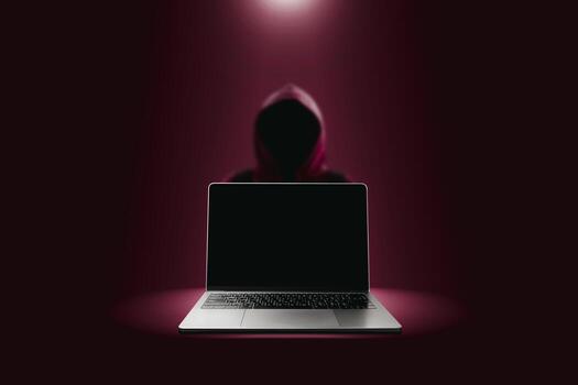 Crime and attack technology concept by hacker , Grey laptop with black blank screen and red hacker blurred in a red darkness background with lights shining down from above. photo