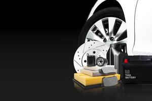 Car maintenance service concept , Auto parts and car maintenance products on black background with copy space for text photo