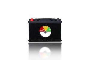 Car battery isolated on white background with a low battery health indicator , Car battery performance concept photo
