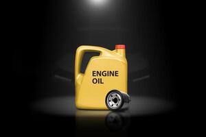 Motor oil or engine oil and oil filter in a darkness background with lights shining down from above. Car engine maintenance concept photo