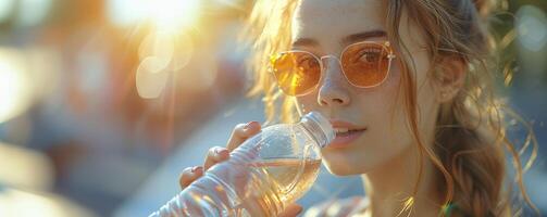Young beautiful woman drinks clean water from a bottle. Heat, protection against dehydration in summer photo
