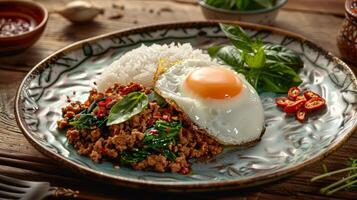 A plate of Thai basil pork served with steamed rice and a perfectly cooked fried egg, garnished with fresh basil leaves and sliced chilies. photo