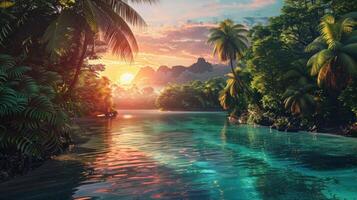 A breathtaking sunset over a tranquil tropical river, surrounded by lush vegetation and palm trees, creating a serene paradise. photo