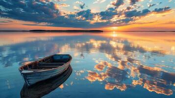 A tranquil sunset over a calm lake, featuring an old wooden boat reflecting the vibrant colors of the sky. photo