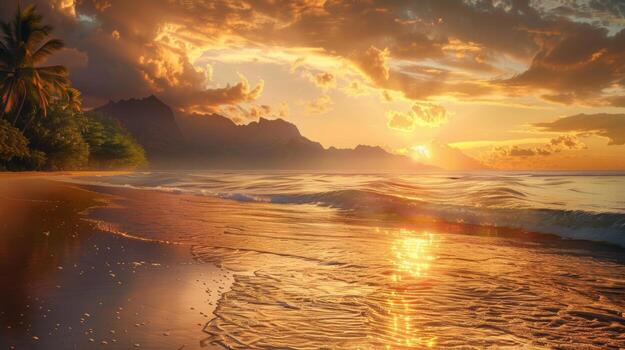 A stunning sunset over a tropical beach with palm trees and mountains in the background, creating a serene and picturesque scene. photo