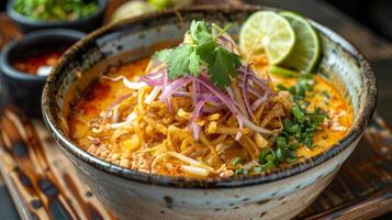 Aromatic bowl of spicy coconut curry noodles garnished with fresh cilantro, lime wedges, bean sprouts, and red onions for a flavorful meal, Thai food. photo