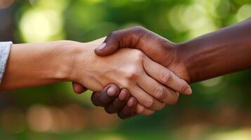 Close-up of two hands, one dark-skinned and one light-skinned, shaking in unity and agreement, symbolizing diversity and cooperation. photo