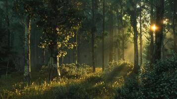 Golden sunbeams filter through the dense forest canopy, illuminating the lush undergrowth and creating a magical, serene atmosphere. photo