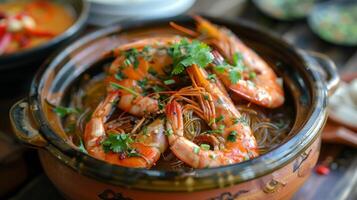 Savory prawns served in a clay pot with glass noodles, garnished with fresh herbs, creating a flavorful and aromatic dish, Thai food. photo