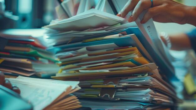 A cluttered desk with piles of documents and folders being organized by hand, highlighting the importance of office organization and paperwork management. photo