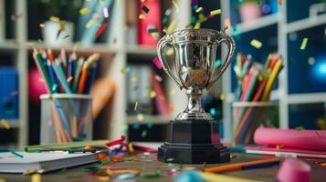 Celebratory scene with a trophy on a desk surrounded by colorful confetti, pens, and stationery, symbolizing achievement and success. photo