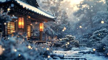 A serene Japanese garden blanketed in snow, featuring traditional lanterns casting a warm glow amidst the tranquil winter scene. photo