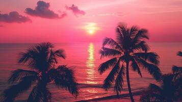 A stunning tropical beach sunset with silhouetted palm trees, creating a vibrant and serene coastal scene. photo