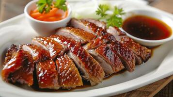Succulent roast duck slices served with a rich dipping sauce and garnished with fresh herbs and vegetables on a white platter. photo