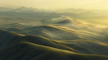 Golden light bathes an expansive landscape of rolling hills, creating a serene and peaceful atmosphere with gentle undulations. photo