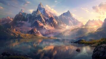 A breathtaking view of a majestic mountain range reflecting in a tranquil lake with mist and sunlight creating a serene atmosphere. photo