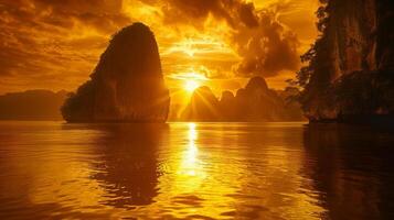 A breathtaking golden sunset illuminating a rocky island seascape, with dramatic clouds and serene waters creating a stunning view. photo