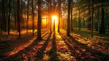 Golden sunlight streams through the trees in a tranquil forest, casting long shadows and illuminating the forest floor with a warm glow. photo