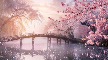 A serene bridge surrounded by blossoming cherry trees, with petals falling gently into the water, illuminated by a beautiful sunset. photo