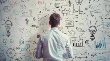 A man stands in front of a whiteboard filled with drawings, charts, and notes, brainstorming creative ideas in a collaborative workspace. photo