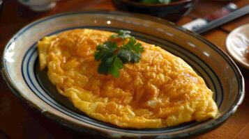 A delicious fluffy omelette served on a decorative plate, garnished with a sprig of fresh parsley for a simple yet elegant meal. photo