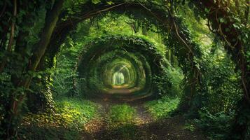 An enchanting green tunnel formed by lush foliage and intertwined branches creates a magical pathway through the forest. photo