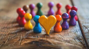 A group of colorful wooden figurines encircle a central heart-shaped figure on a rustic wooden table, symbolizing love and community. photo