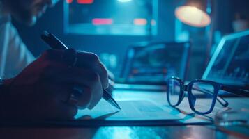 Close-up of a person writing on paper at a desk in a dimly lit office with a laptop and eyeglasses. photo